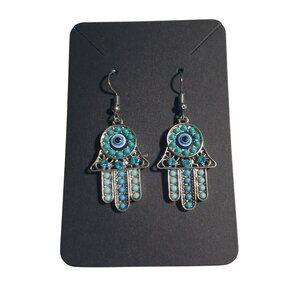 Hamsa Evil Eye Dangle Earrings Artisan Craft Metal Lightweight Spiritual Gift